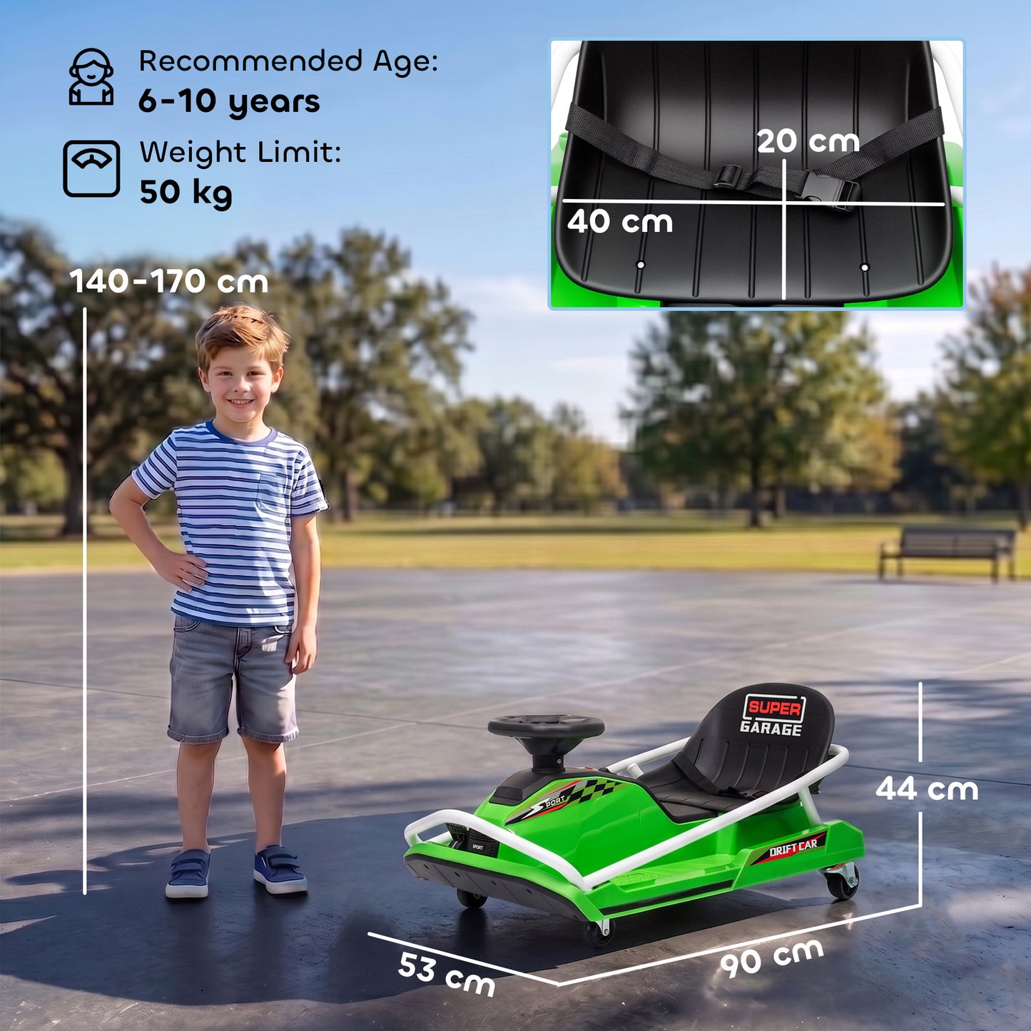 24V Electric Go Kart for Kids with Drift Mode, 300W Brushless Motor, Soft Start and Dual Speed for Ages 6-10, Green