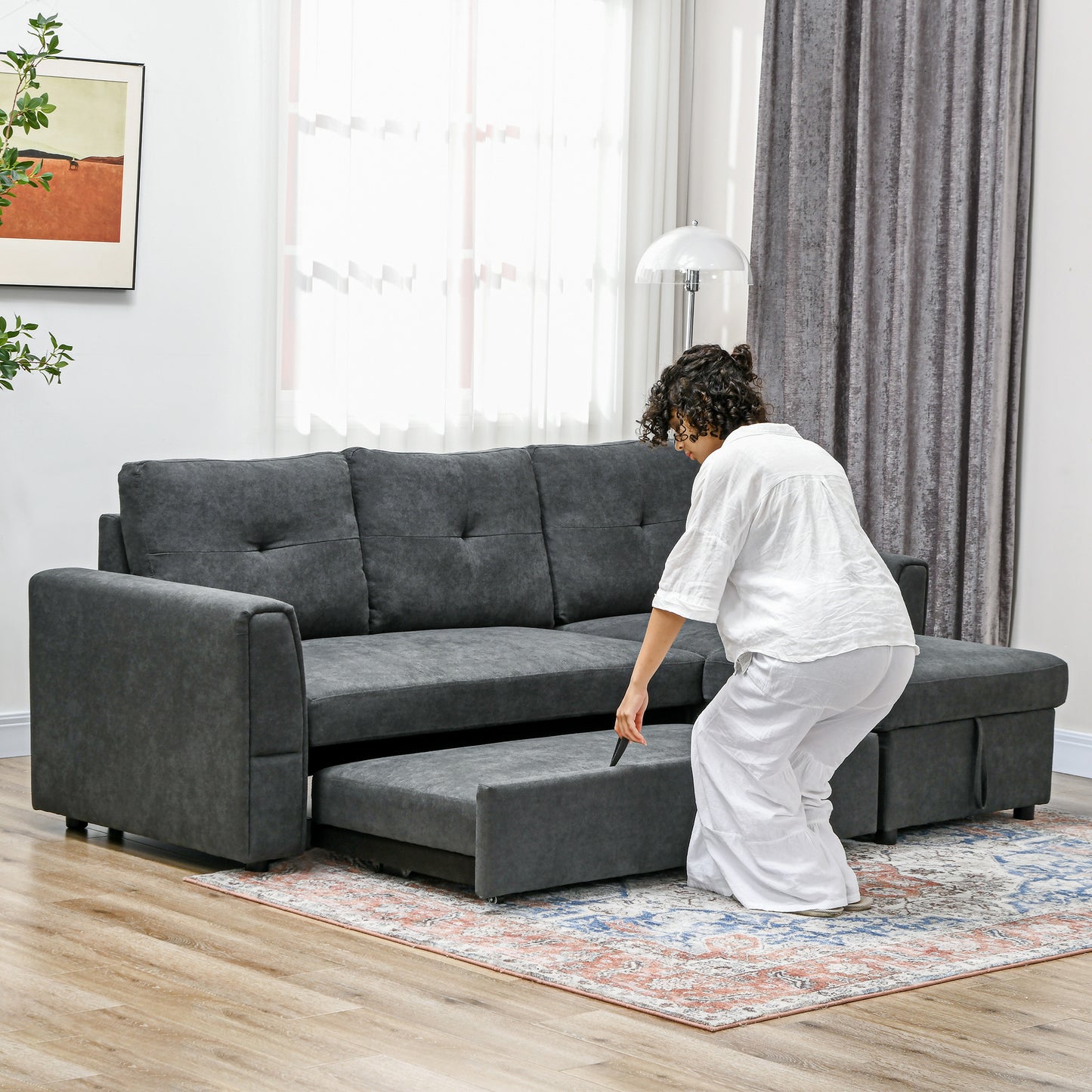 3 Seater Sofa Bed, Pull Out Sofa Bed with Storage for Living Room, Dark Grey