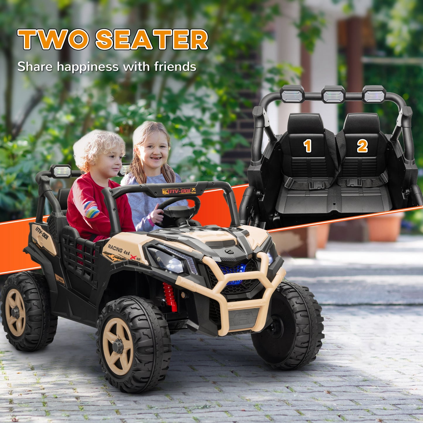 24V 2 Seater Kids Electric Car with Remote Control, Suspension System, Slow Start, 3 Speeds, for 3-8 Years, Khaki