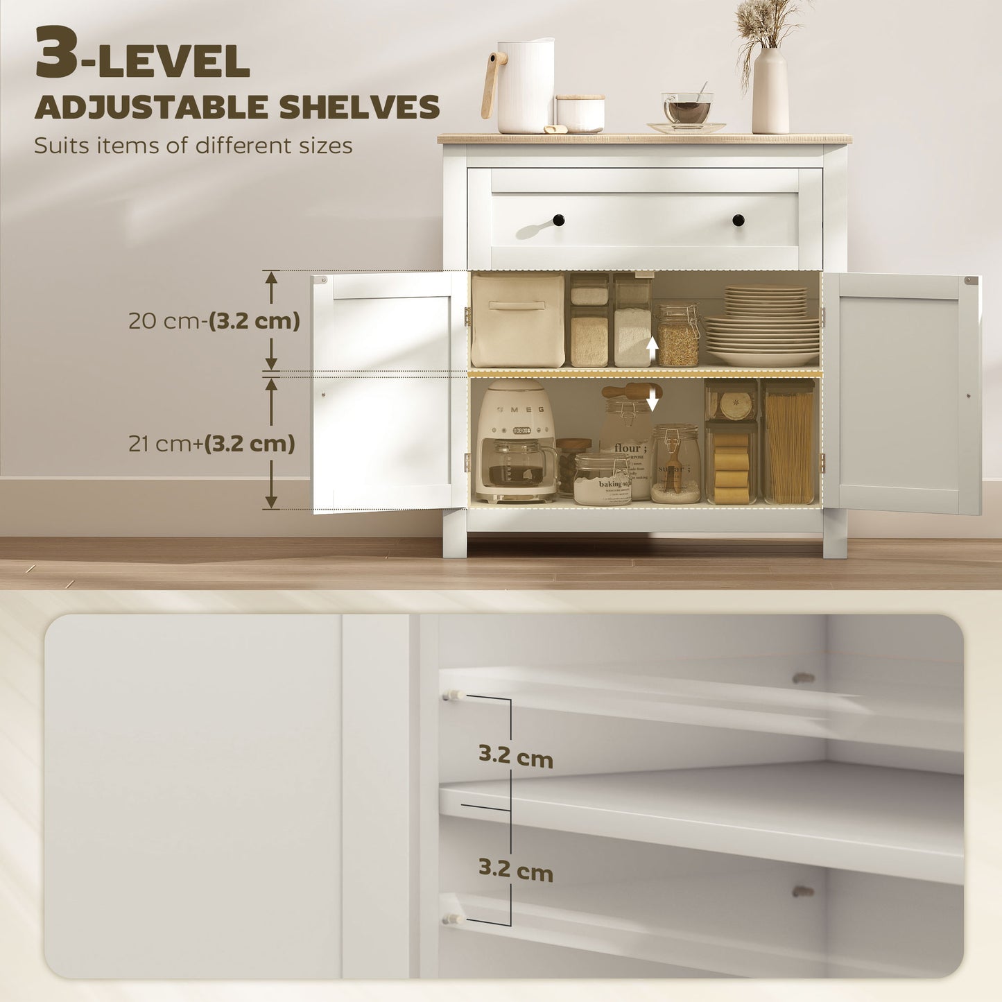 Sideboard Storage Cabinet, Modern Kitchen Cupboard with Adjustable Shelf, Drawer and Double Doors, Cream White