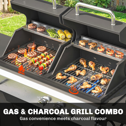 2+1 Burner Hybrid Dual Fuel BBQ Gas Grill, 2-in-1 Propane & Charcoal Barbecue Grill Smoker Combo with Wheels, Black