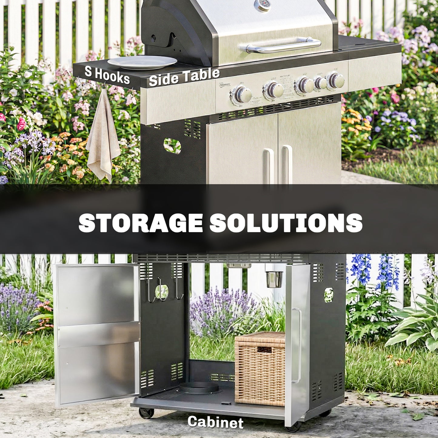 4+1 Burner Gas BBQ Grill, Portable Gas Barbecue Grill with Side Burner, Warming Rack, Side Shelf, Storage Cabinet