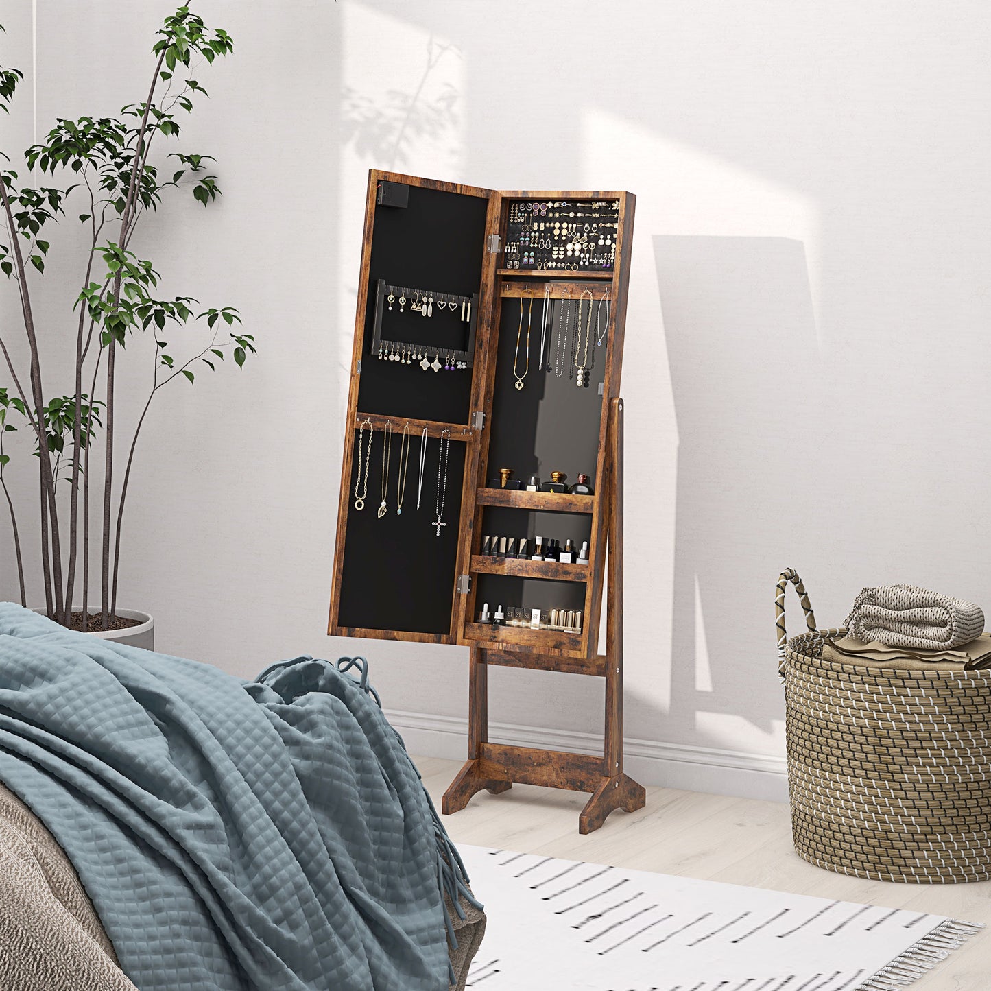 Freestanding Mirrored Jewellery Storage Cabinet - Wood-Effect