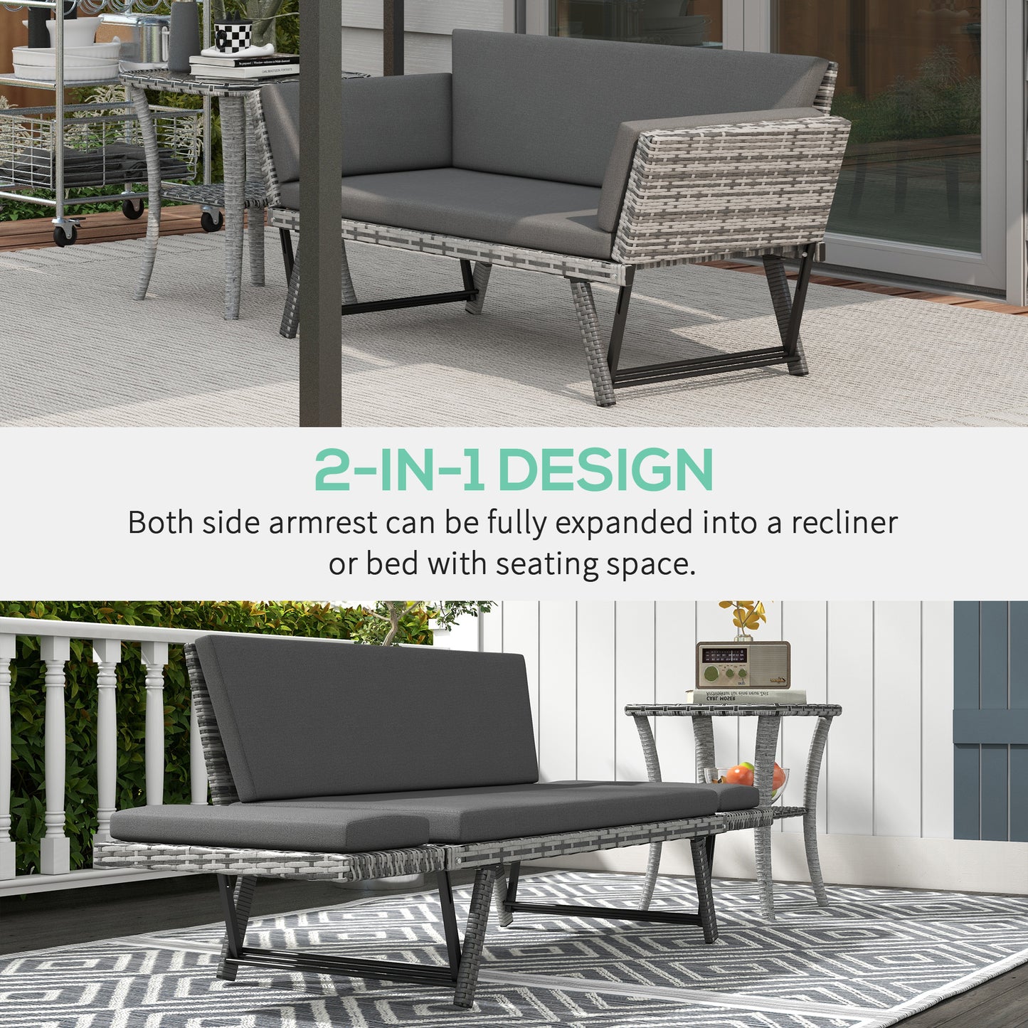 2 Seater Rattan Sofa with Cushions, 2-in-1 PE Rattan Daybed Sofa with Left Up or Down Armrests