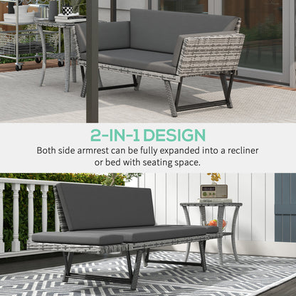 2 Seater Rattan Sofa with Cushions, 2-in-1 PE Rattan Daybed Sofa with Left Up or Down Armrests