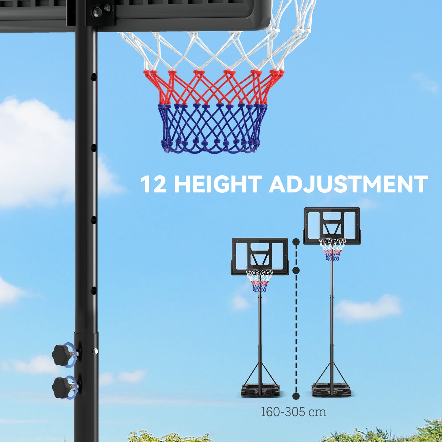 2.3-3.05m Basketball Hoop and Stand, with Weighted Base, Wheels, Black