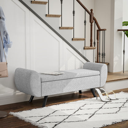 Storage Ottoman with Armrest, Window Seat, Upholstered Linen Storage Bench with Rubberwood Legs