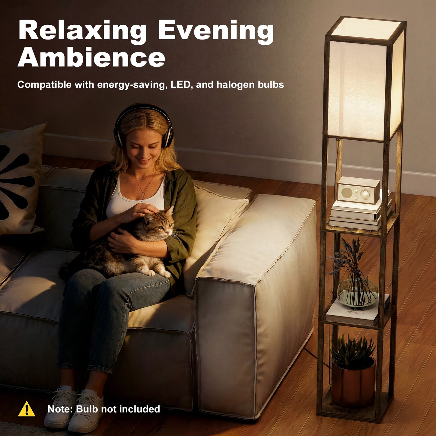 3-Tier Floor Lamp with Shelves – Brown