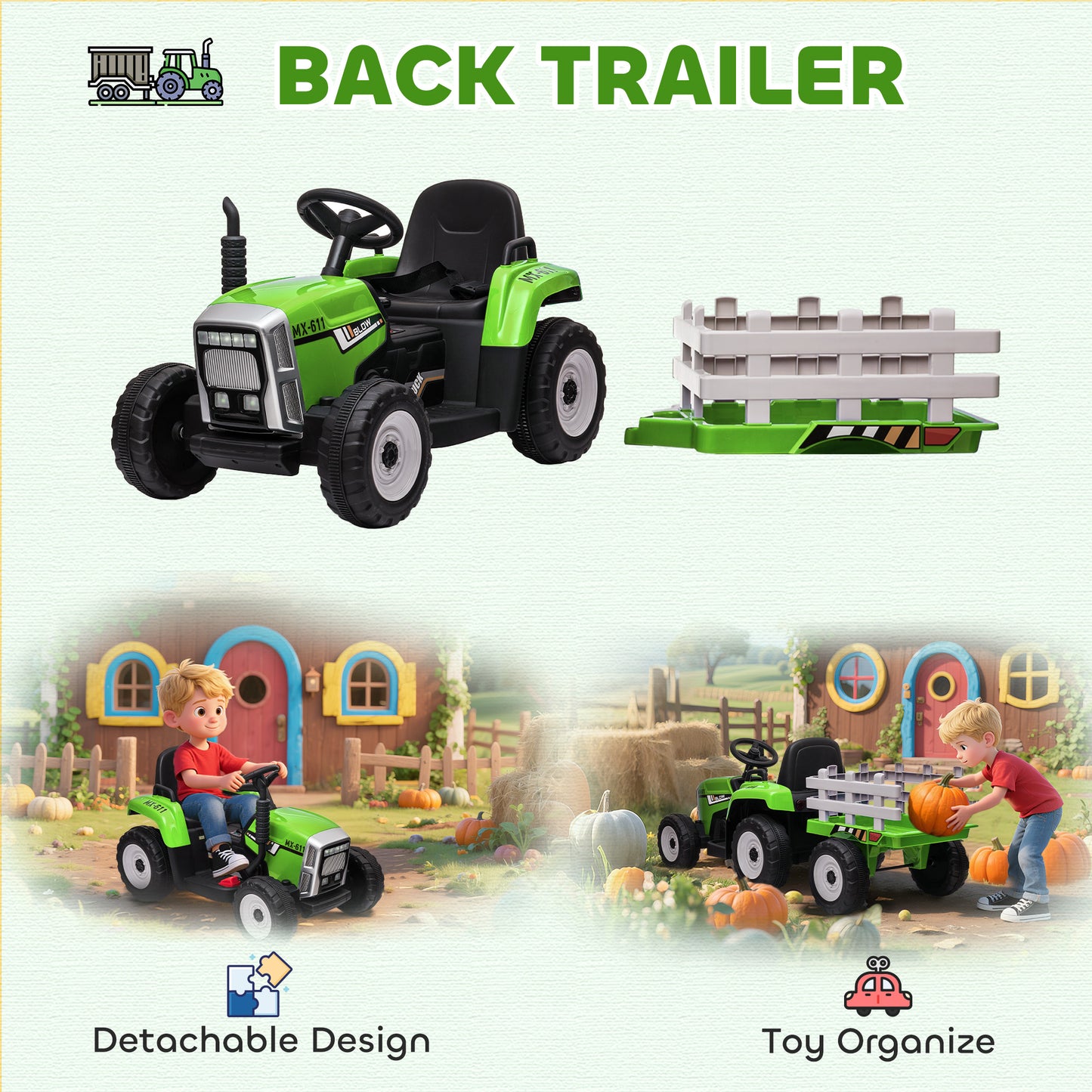 Ride On Tractor, Battery Powered Electric Car, with Detachable Trailer, Remote Control, Music - Green