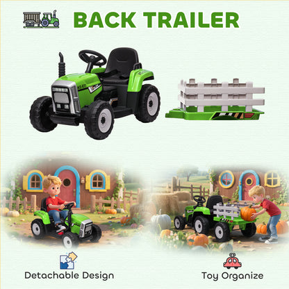 Ride On Tractor, Battery Powered Electric Car, with Detachable Trailer, Remote Control, Music - Green
