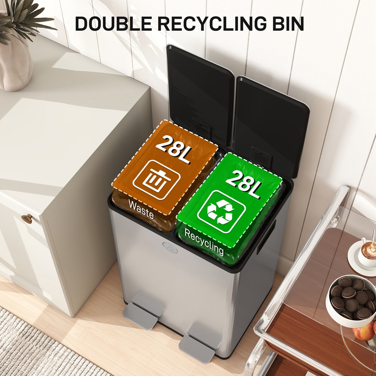 56L Dual Compartment Stainless Steel Bin, with Deodoriser Holders - Silver Tone