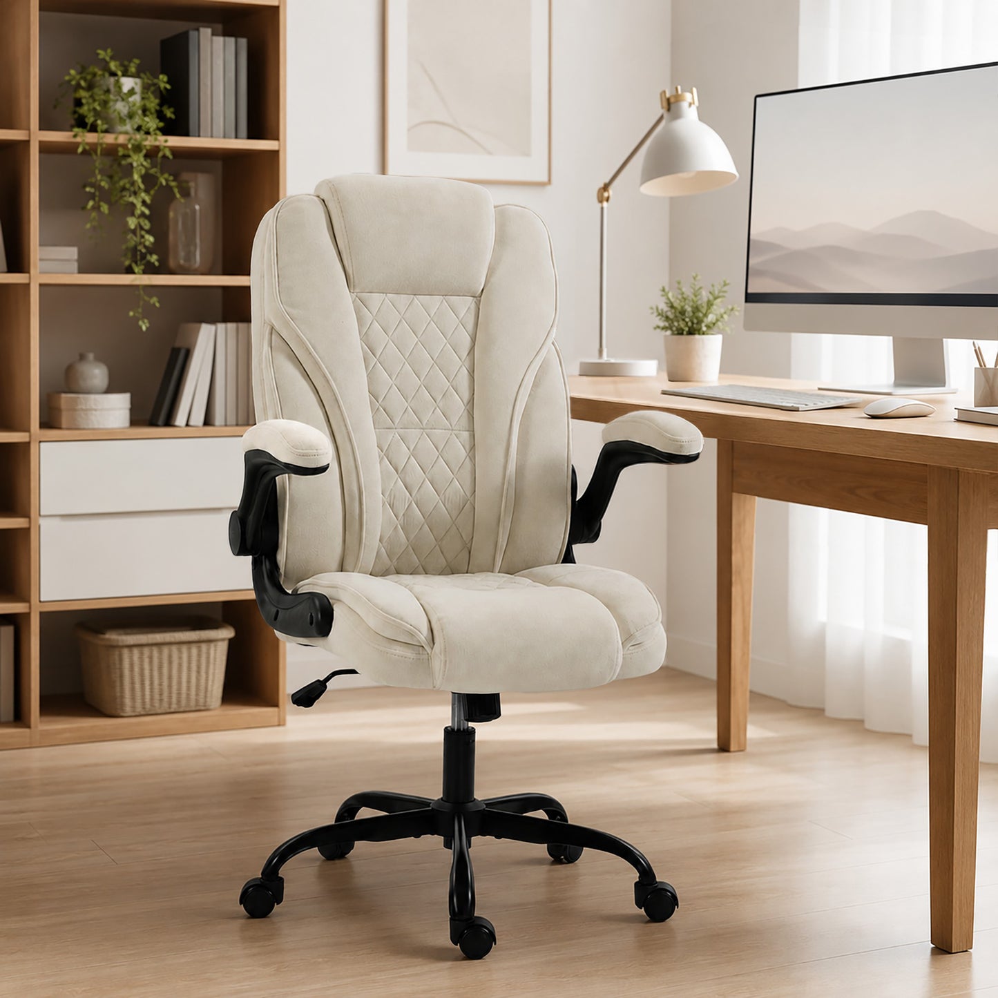 Office Chair, Ergonomic Desk Chair with Flip-up Armrest, Pocket Springs, Swivel Wheels, Adjustable Height, Beige