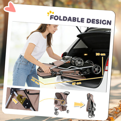 Dog Stroller, 3 Wheels Foldable Pet Stroller with Adjustable Canopy, Storage Basket for Small Mini Breeds, Coffee