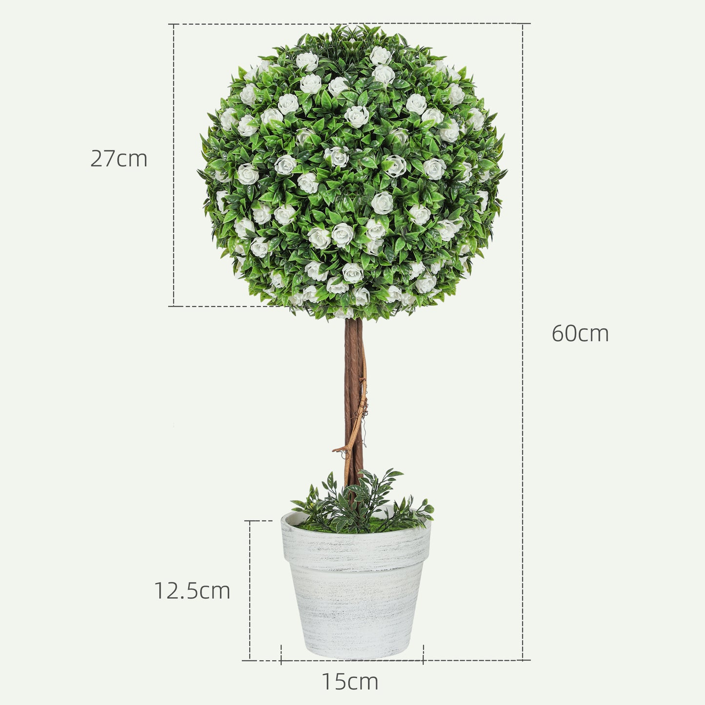 Set of 2 Decorative Artificial Plants, Ball Topiary Tree with Rose Flower in Pot, Fake Plants for Home Indoor Outdoor Decor