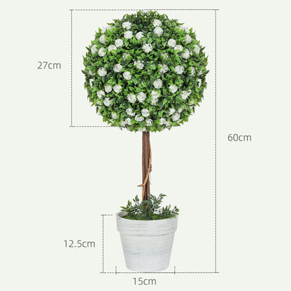 Set of 2 Decorative Artificial Plants, Ball Topiary Tree with Rose Flower in Pot, Fake Plants for Home Indoor Outdoor Decor