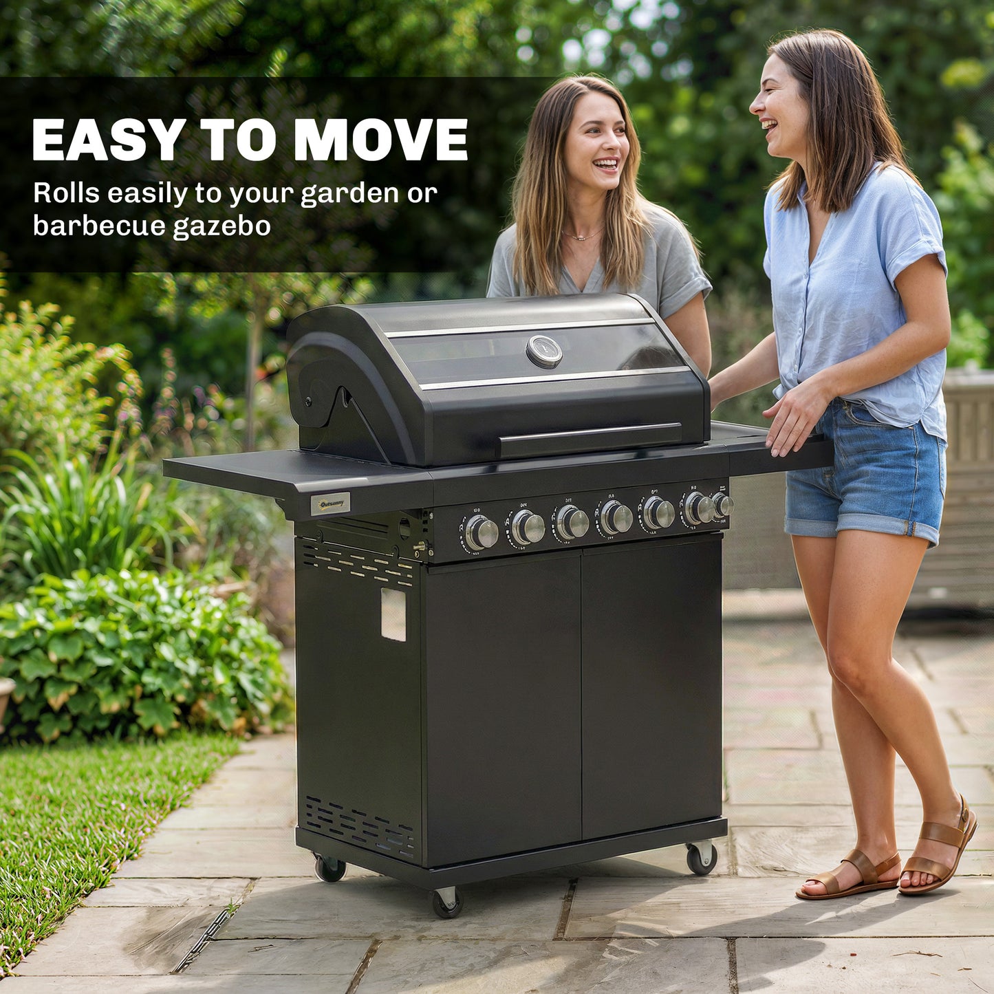 6+1 Burner Gas BBQ Grill, Outdoor Barbecue Trolley with Wheels, Warming Rack, Thermometer, Bottle Opener, Black