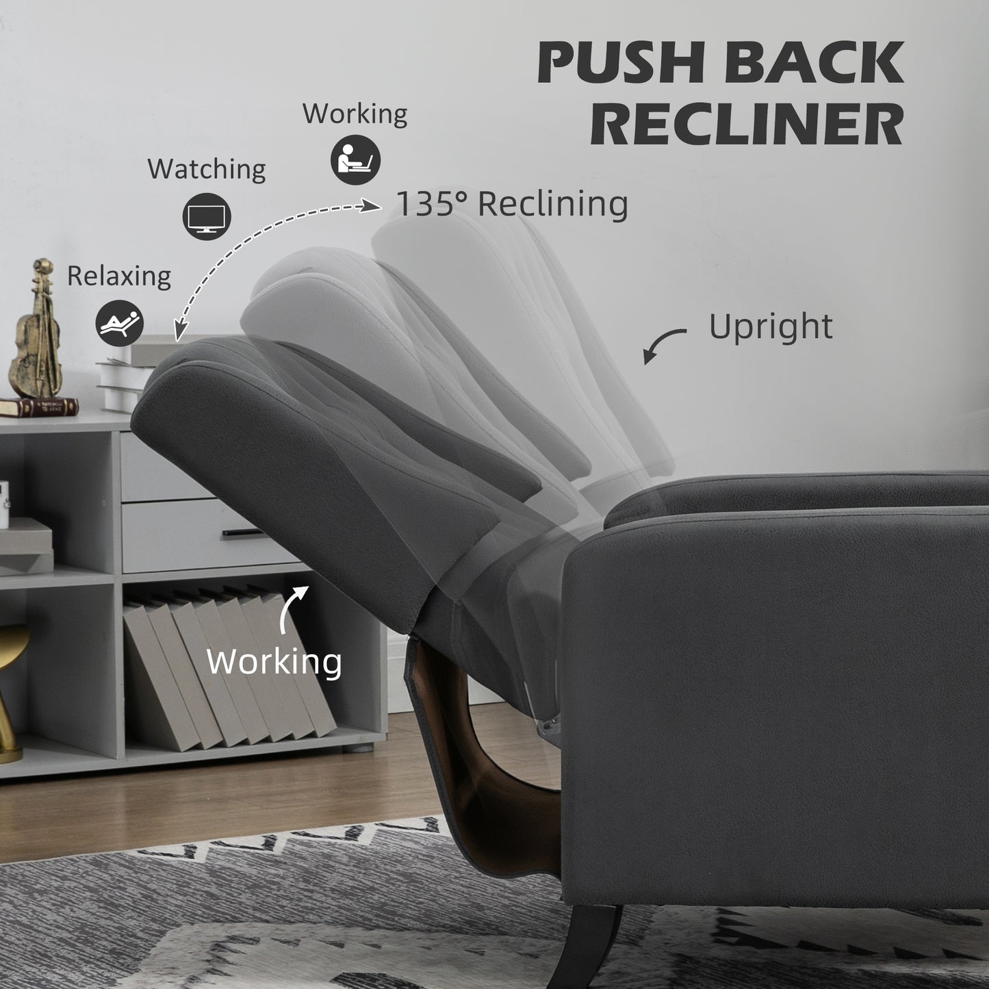 Wingback Recliner Chair for Home Theater, Button Tufted Microfibre Cloth Reclining Armchair with Leg Rest, Deep Grey