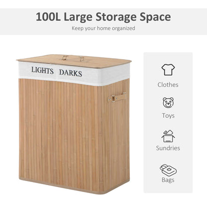 100L Collapsible Natural Wood Laundry Hamper Organizer Clothes Washing Basket Bin Storage Box w/Lid Removable Lining 52x32x63