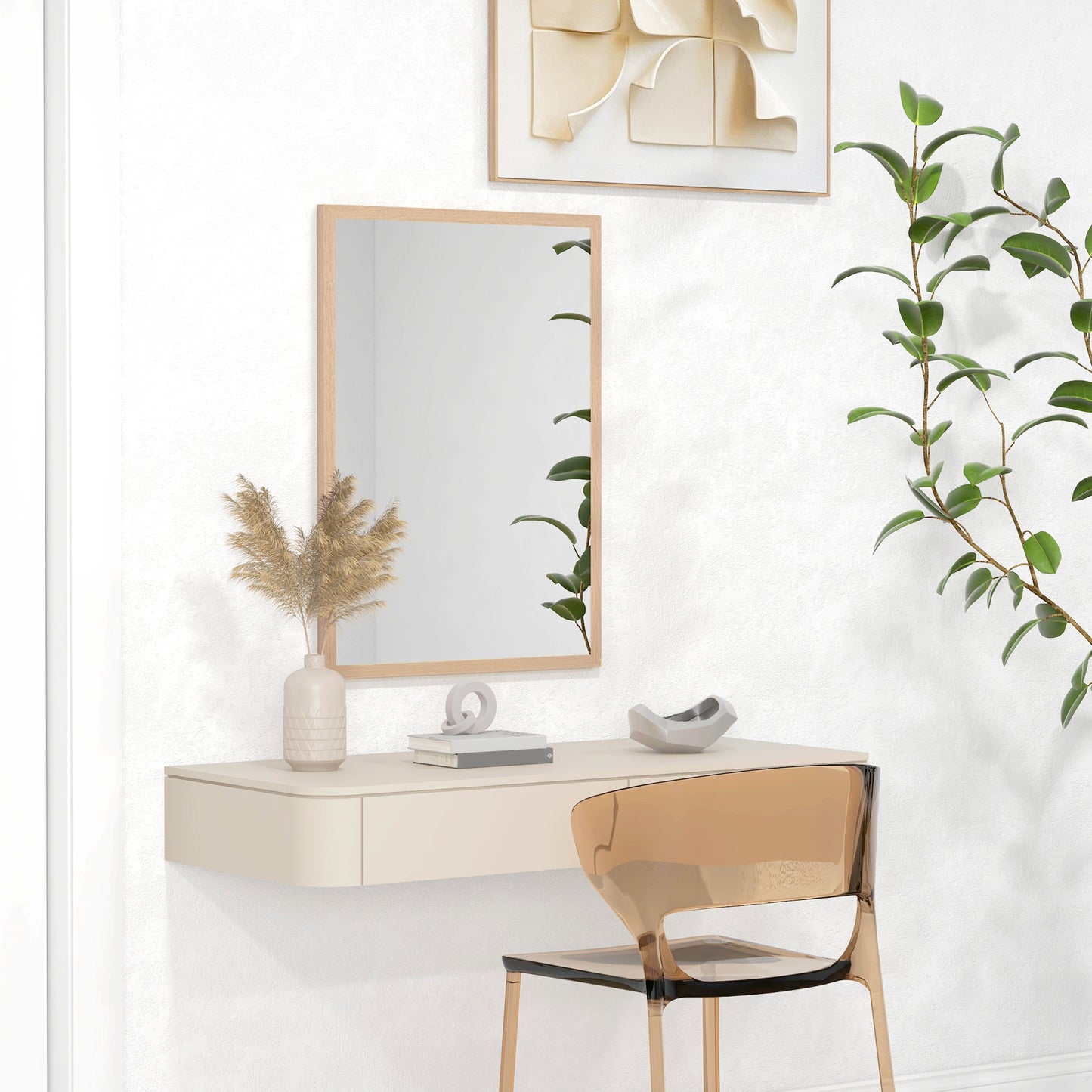 Wall Bathroom Mirror, 70 x 50 cm Wall-Mounted Mirror for Living Room, Bedroom, Hallway, Natural Wood