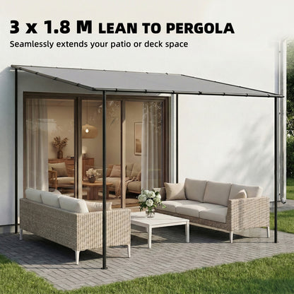 3 x 2 m Lean to Garden Pergola, Metal Frame Gazebo Pergola with UPF30+ Protection, Sloped Roof, Drainage Holes, Grey