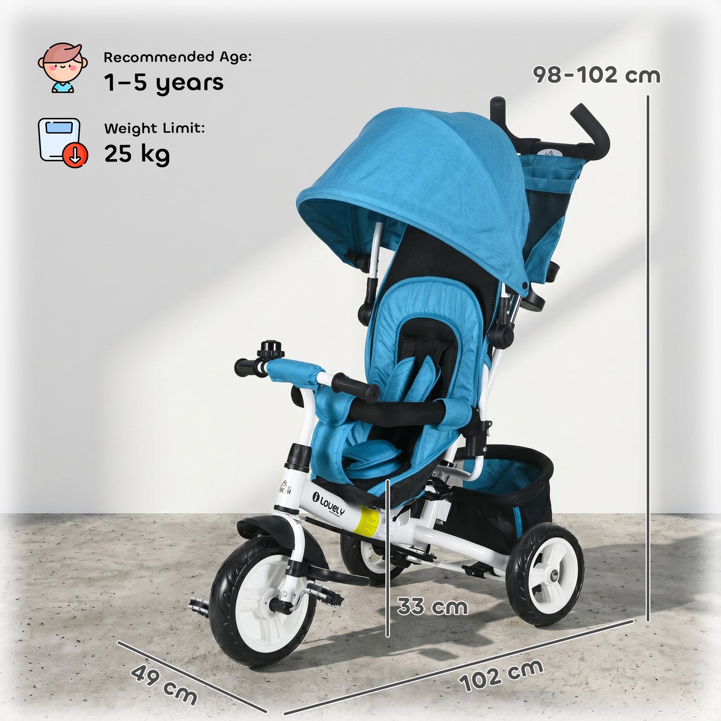 6 in 1 Kids Trike with Parent Handle, Canopy, 5-point Seat Belt, Storage, Footrest, Brake, for 1-5 Years, Blue