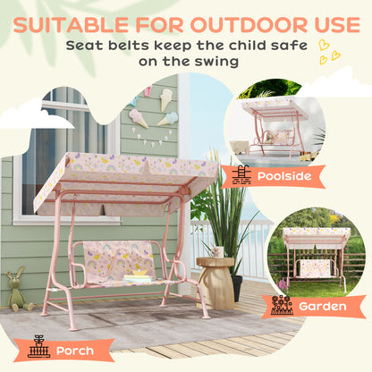 Kids Garden Swing Chair with Adjustable Canopy, Safety Belt, 2 Seater Hammock Swing Bench for Patio, Porch, Pink