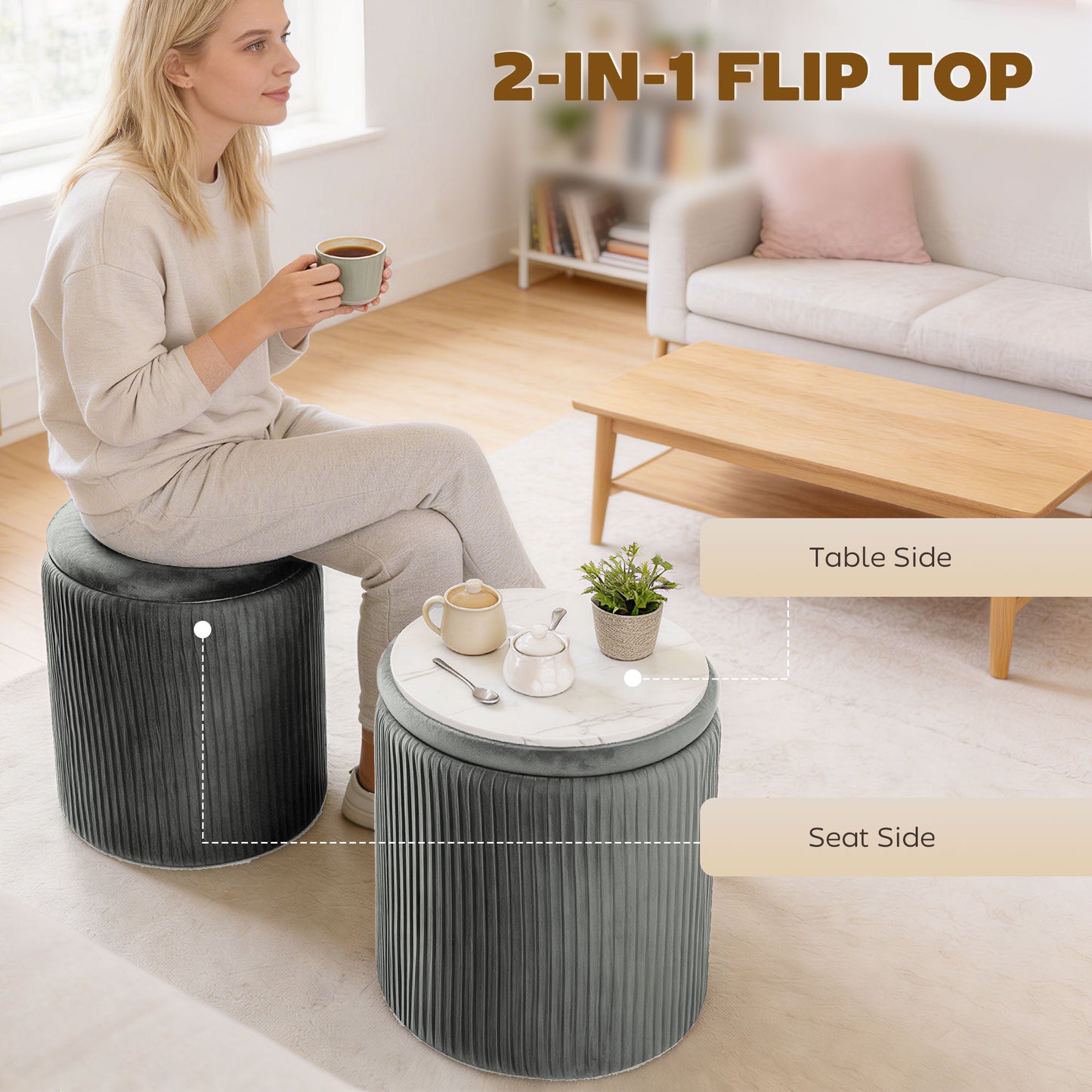 Storage Ottoman Modern Velvet Round Foot Stool for Living Room Bedroom 45 cm Grey