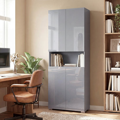 180 cm Tall Kitchen Cupboard, Pantry Storage Cabinet with Soft Close Doors and Adjustable Shelves, High Gloss Grey
