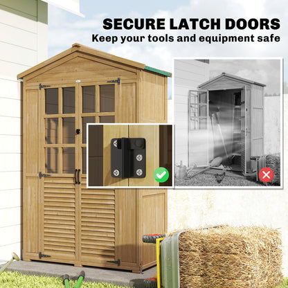 Outdoor Wooden Storage Cabinet, Garden Tool Shed with Acrylic Windows for Patio, Light Brown