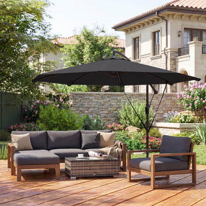 3 m Cantilever Parasol with Protective Cover and Wind Ropes, Banana Parasol with Crank Handle, Black