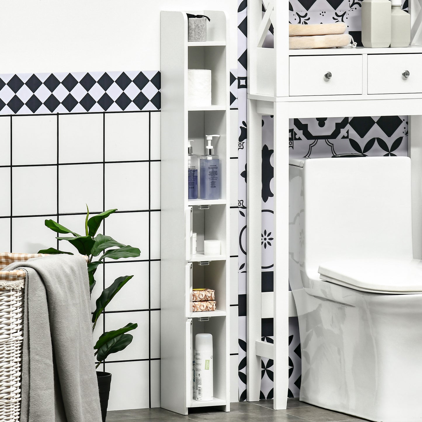Modern Bathroom Storage Cabinet, Freestanding Tall Bathroom Cabinet with Open Shelves and 3 Cupboards with Door