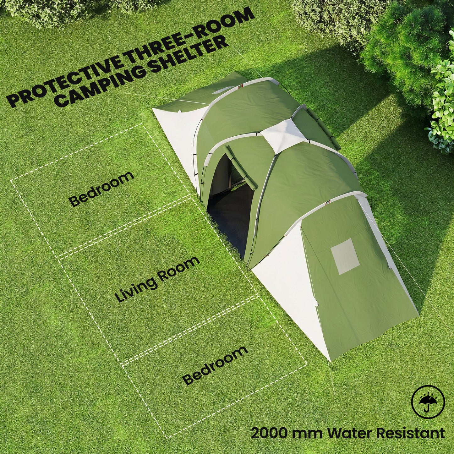 Large Camping Tent Tunnel Tent with 2 Bedroom and Living Area, 2000mm Waterproof, Portable with Bag for 4 Man, Green