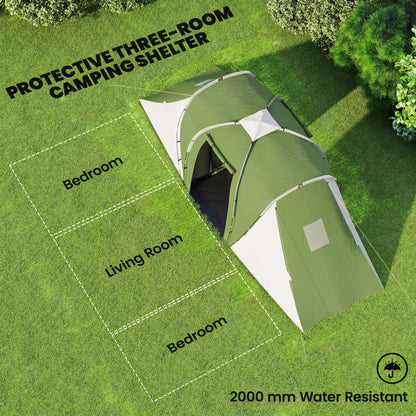 Large Camping Tent Tunnel Tent with 2 Bedroom and Living Area, 2000mm Waterproof, Portable with Bag for 4 Man, Green