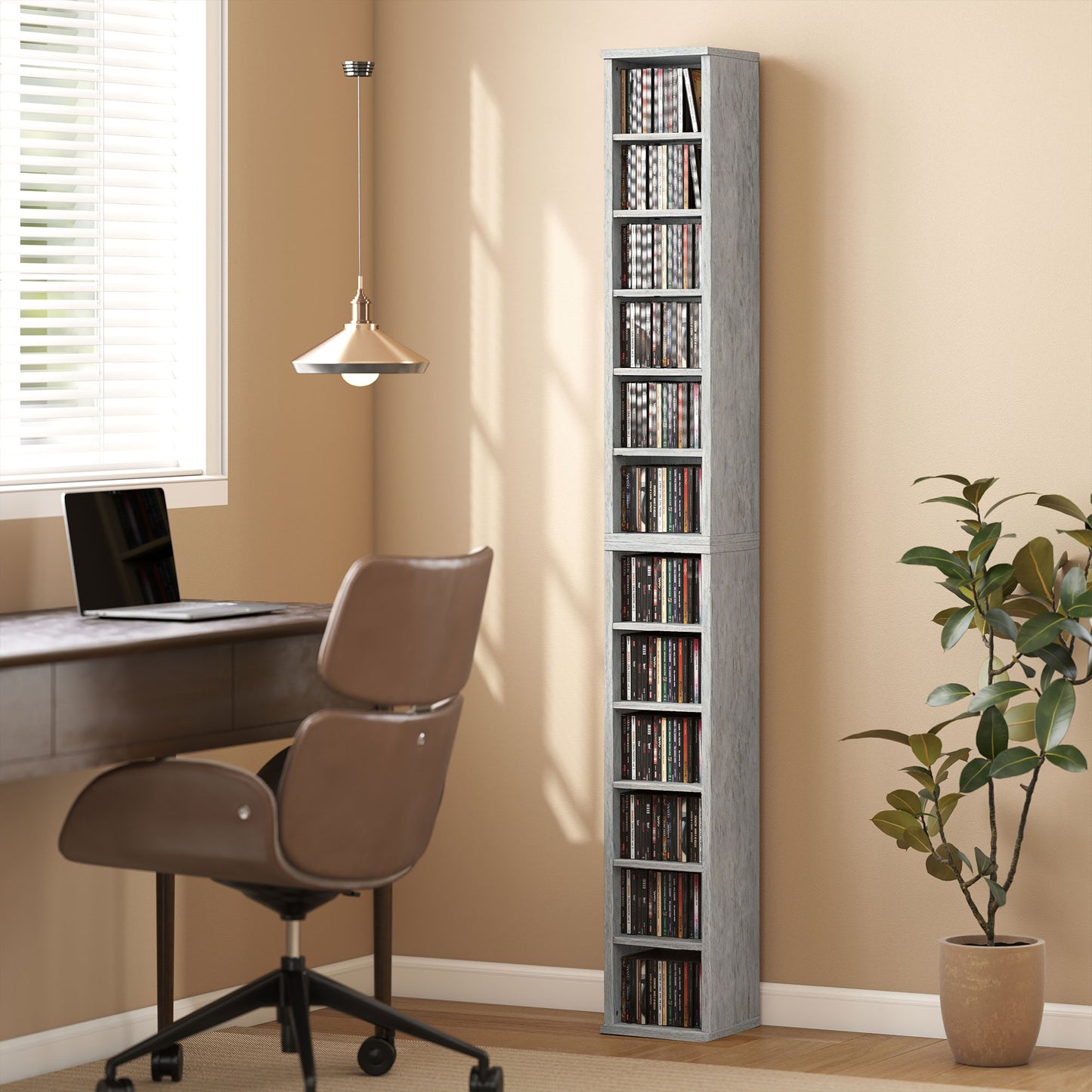 Set of 2 CD Media Display Shelf Unit Tower Rack with Adjustable Shelves, Cement Grey