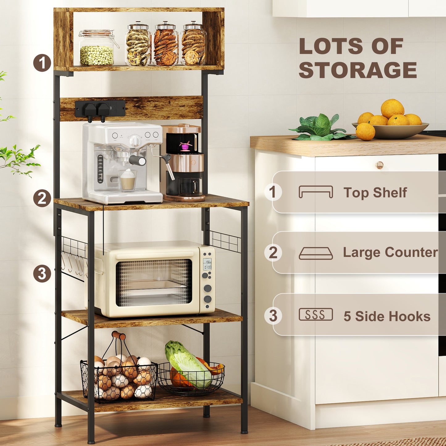 Kitchen Storage Rack, Bakers Rack with Power Outlet, USB Charger, Rustic Brown