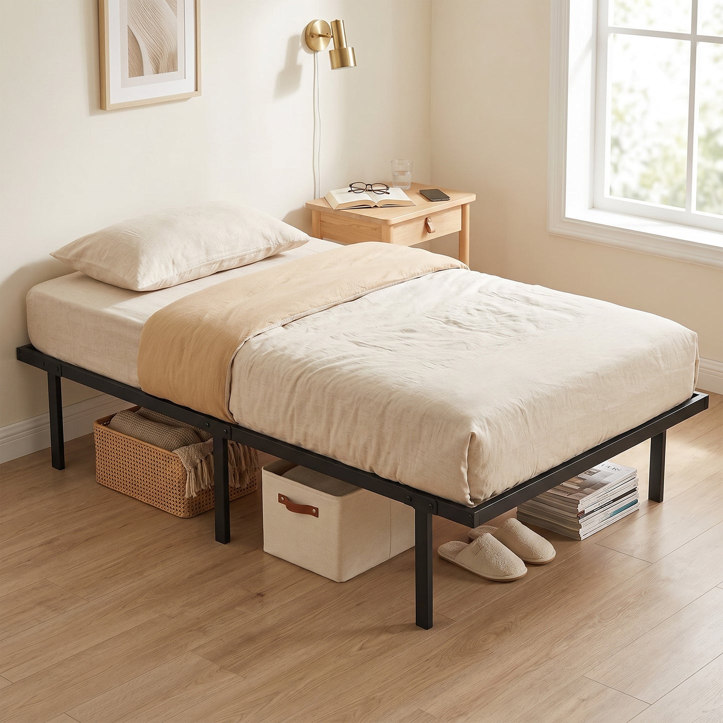3ft Single Bed Frame with Underbed Storage, Metal Platform Bed Frame with Steel Slat Support, No Box Spring Needed