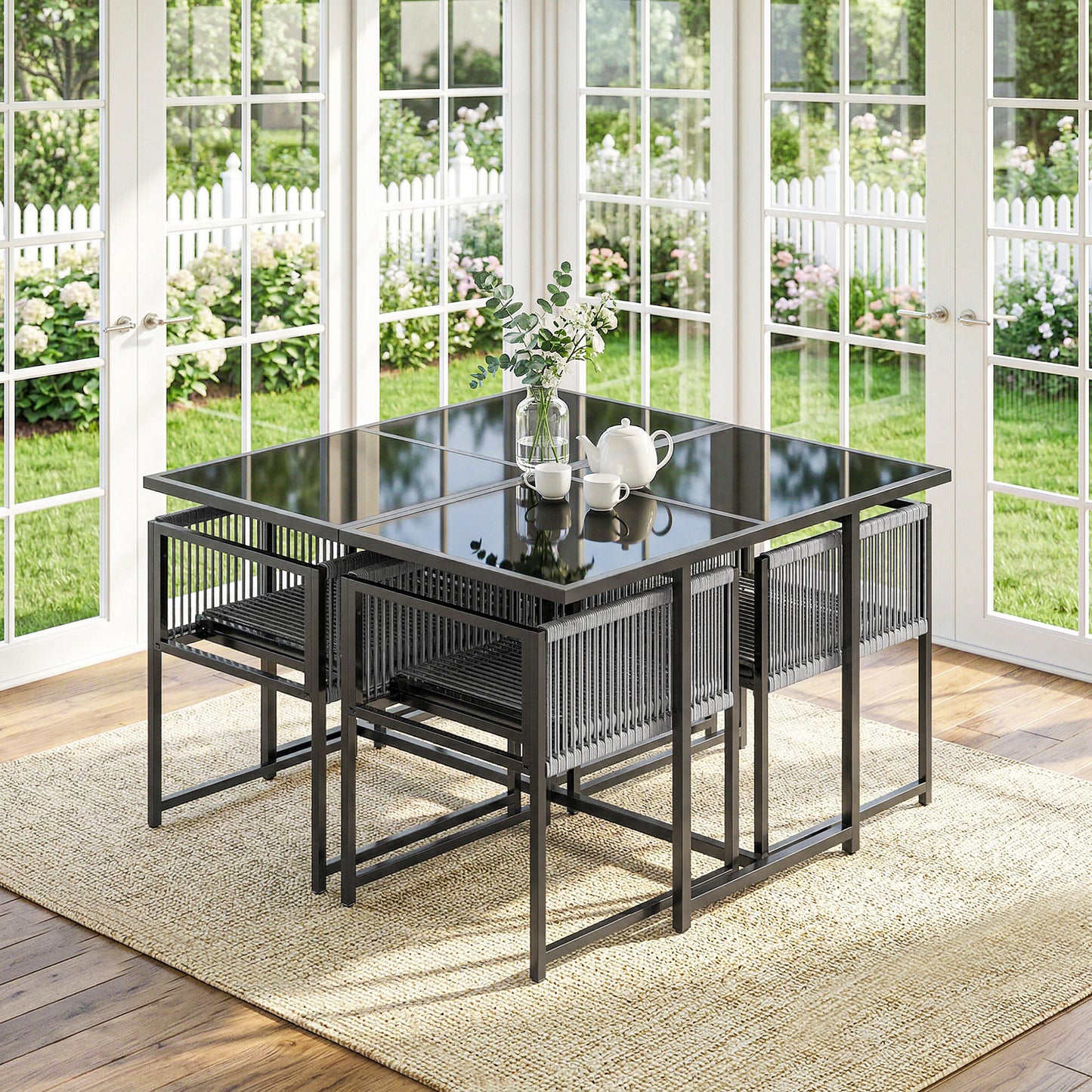 5 Pieces Garden Dining Set, Outdoor Patio Cube Set, 4 Seater Outdoor Table and Chairs with Foldable Backrest, Light Grey