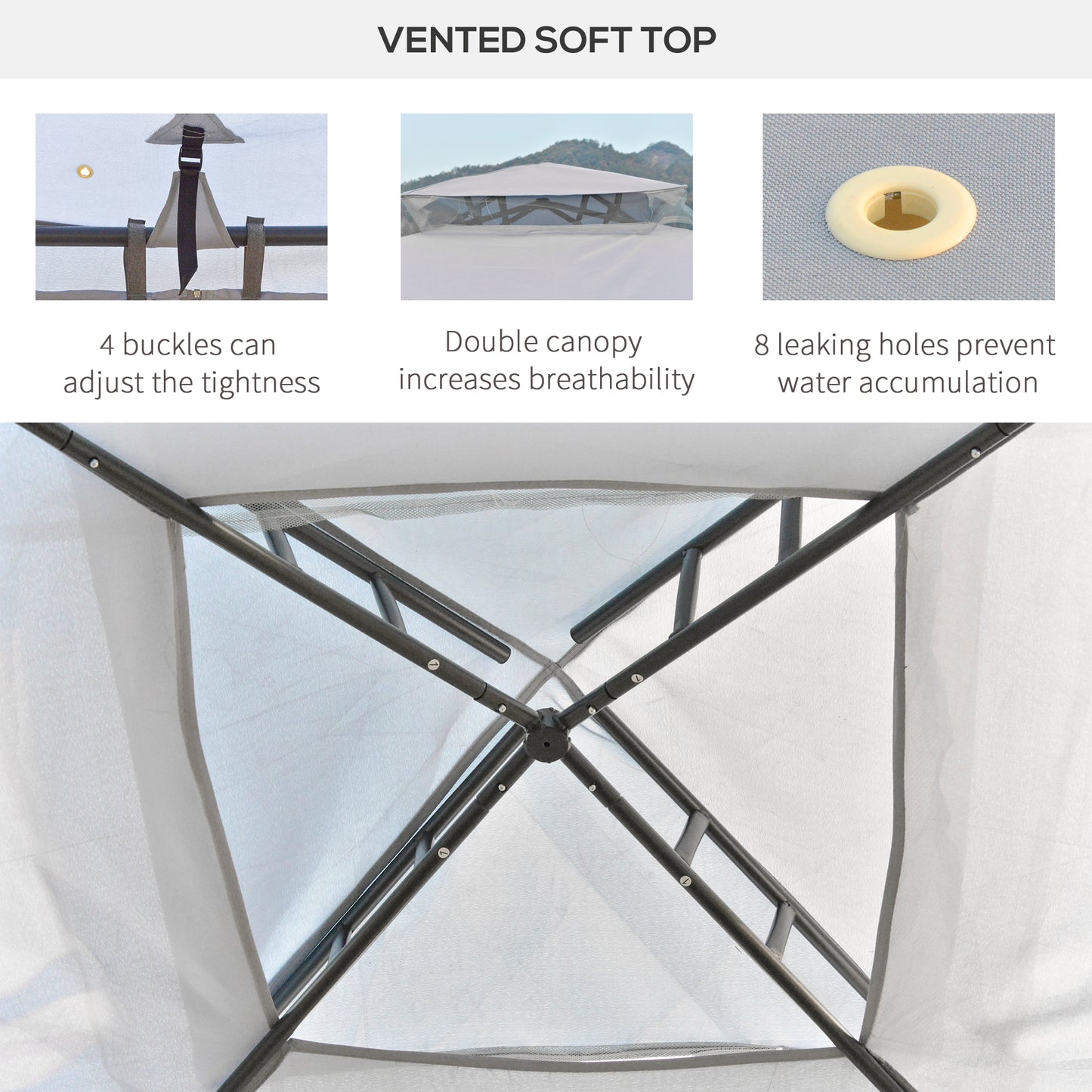3 x 3 m Metal Gazebo, Garden Pavillion, Double Roof Outdoor Canopy Shelter with Mesh Sidewalls, Grey