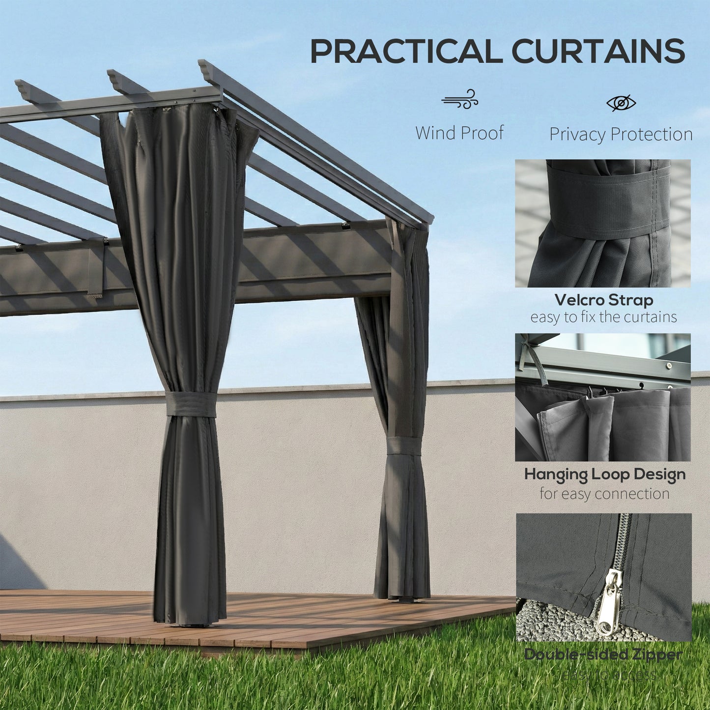 3.6 x 3 m Pergola with Retractable Roof Canopy, Curtains, Aluminium Garden Pergola Gazebo Sun Shade Shelter, Dark Grey