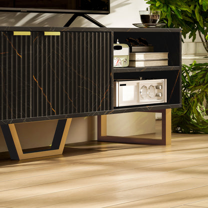 Marble Effect TV Unit, Modern TV Stand Cabinet for up to 70" TVs, with Shelves and Storage Cupboard, Fluted Door