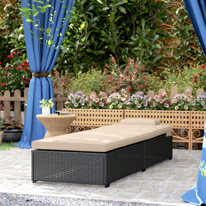 Rattan Sun Lounger with 5-Level Reclining Back Side Tray and Cushion, Black