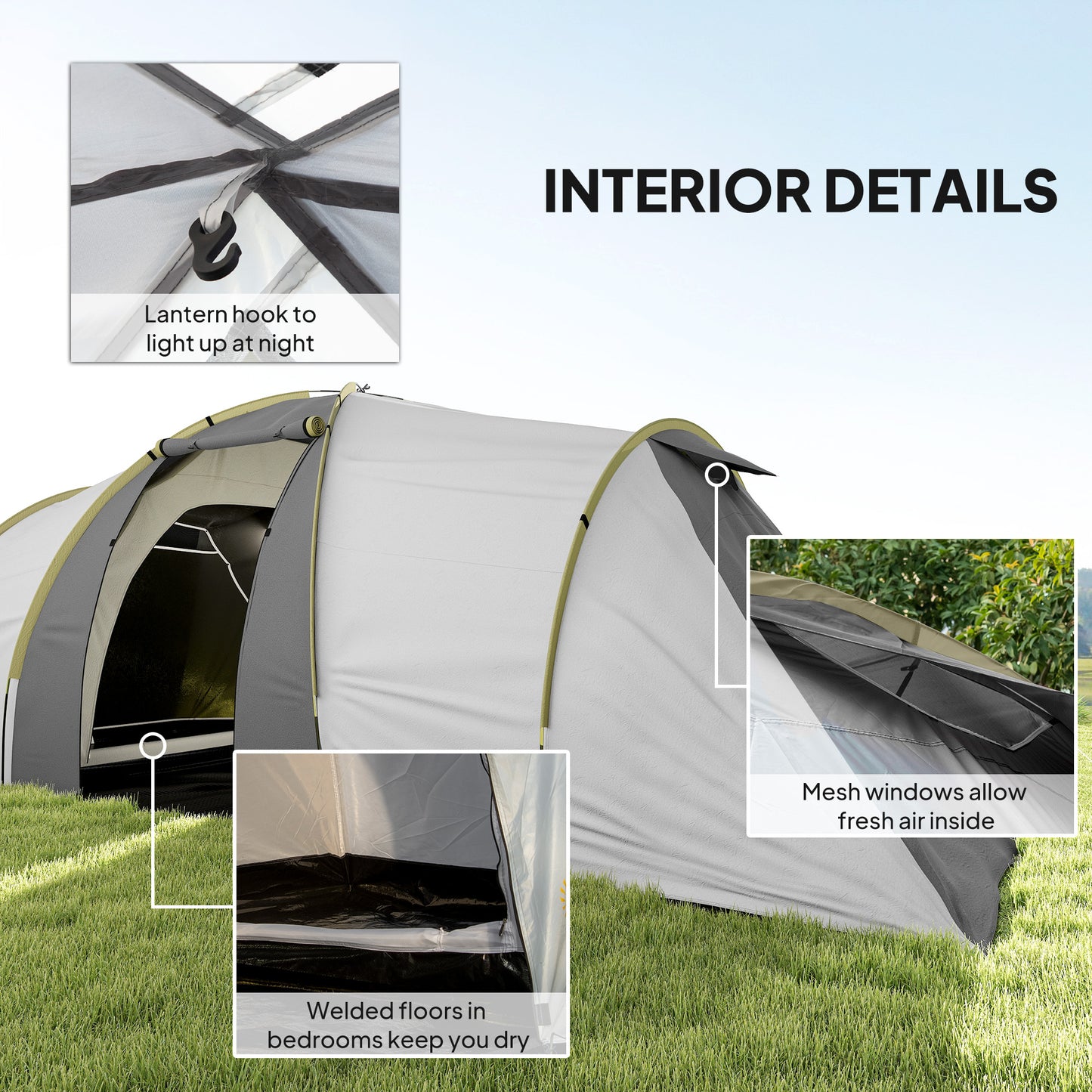 Four-Man Tunnel Tent, with Two Bedrooms and Living Room - Grey/Yellow