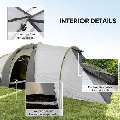 Four-Man Tunnel Tent, with Two Bedrooms and Living Room - Grey/Yellow