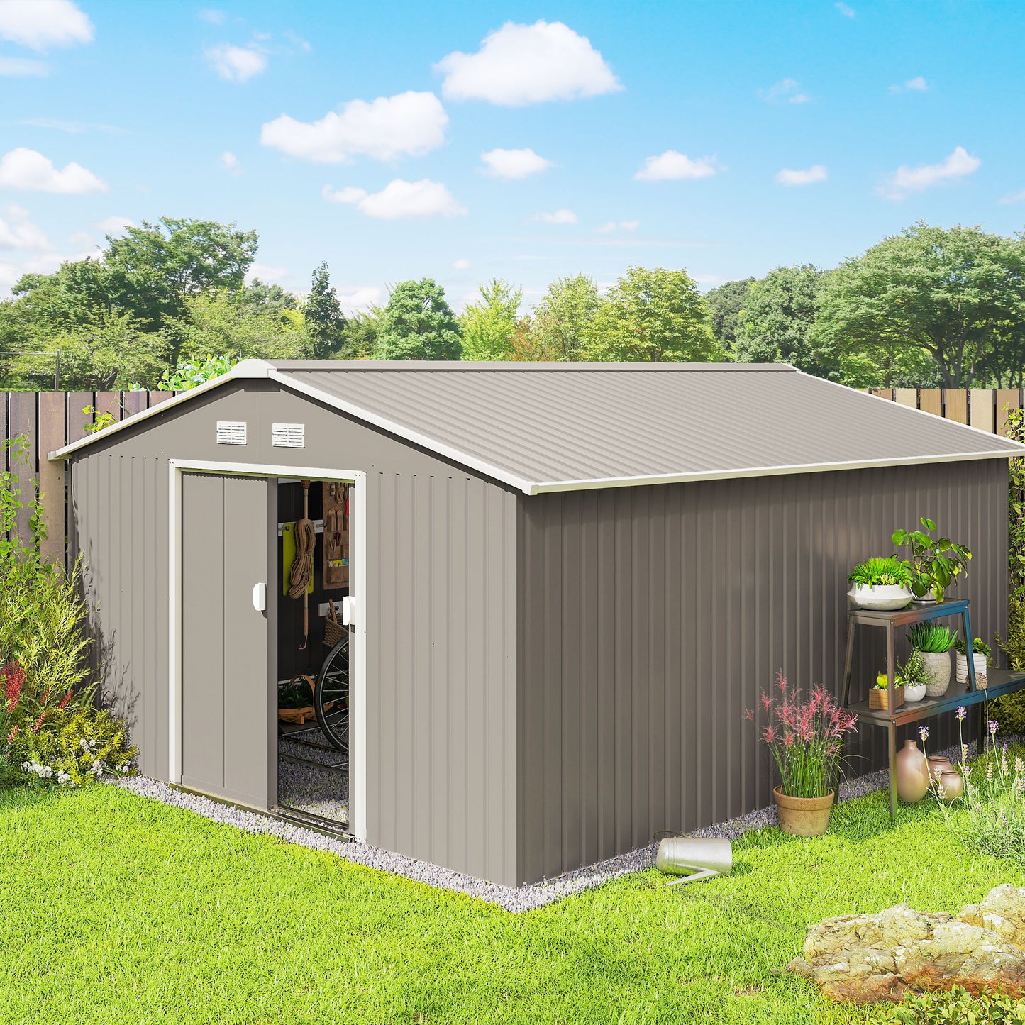 13 x 11ft Large Garden Shed, Mental Garden Storage Shed with Foundation Kit Ventilation & Doors, Light Grey
