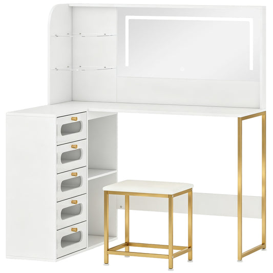 Dressing Table with LED Mirror and Stool, L-Shaped Vanity Desk with Drawers and Shelves, White