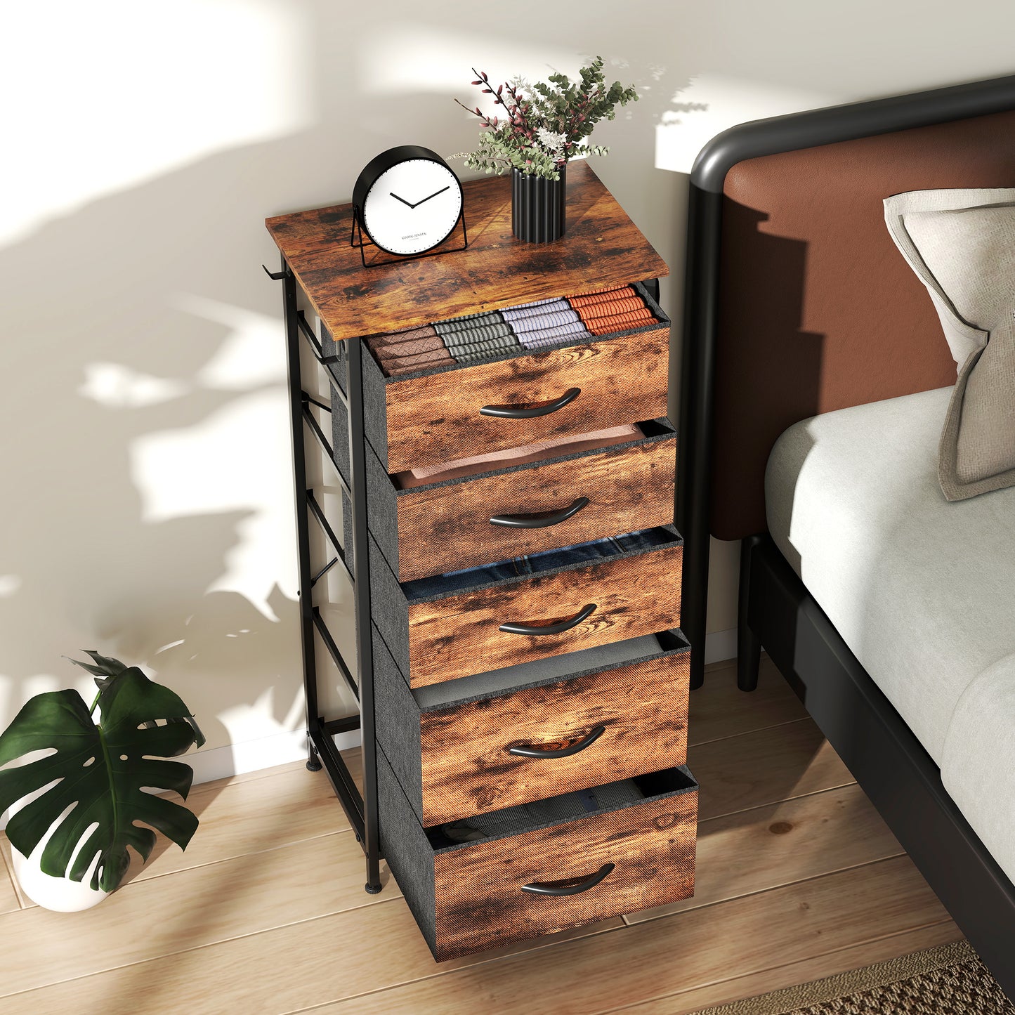 Chest of Five Fabric Drawers - Rustic Brown