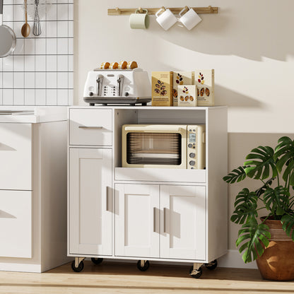 Rolling Kitchen Cart, Microwave Cabinet with Sliding Tray, Drawer, 3-Door Cupboards, Adjustable Shelf, White