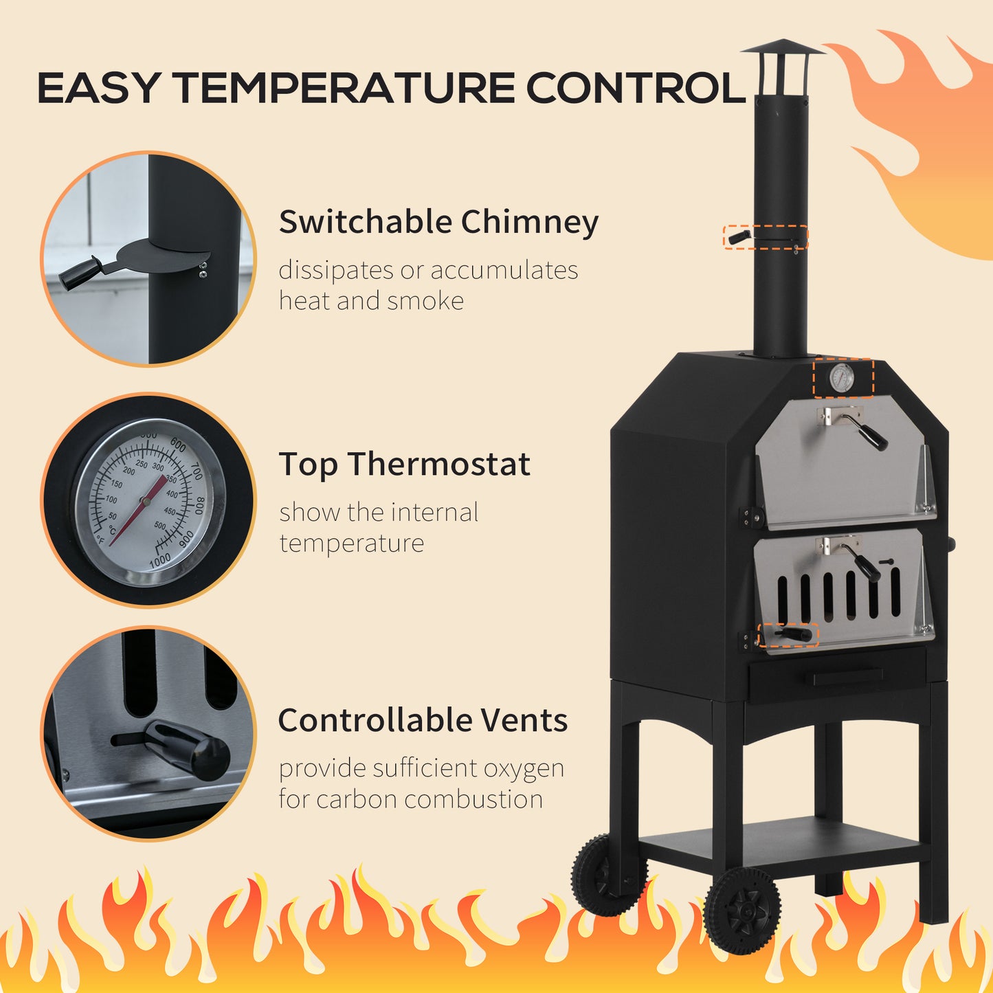 Outdoor Garden Pizza Oven Charcoal BBQ Grill 3-Tier Freestanding w/ Chimney, Mesh Shelf, Thermometer Handles