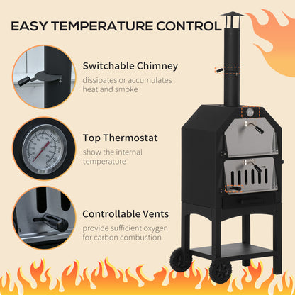 Outdoor Garden Pizza Oven Charcoal BBQ Grill 3-Tier Freestanding w/ Chimney, Mesh Shelf, Thermometer Handles