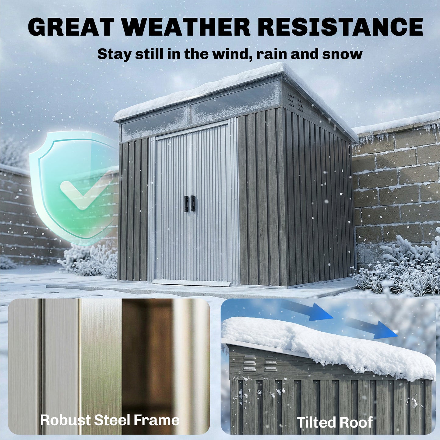 6.5 x 4FT Galvanised Metal Shed with Foundation Kit, Lockable Tool Garden Shed with Double Sliding Doors, Vents